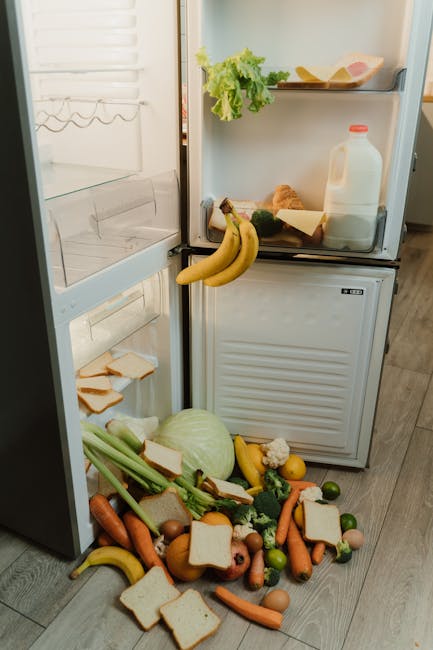 The interior of a refrigerator door open in a domestic kitchen, revealing empty shelves and compartments. On the floor in front of the open fridge, there is a collection of various grocery items, including a head of lettuce, bananas, carrots, zucchini, limes, and cauliflower, along with several slices of bread, some placed inside the fridge on the shelves. The scene suggests a recent shopping or packing process as part of home relocation or moving preparations. The appliances and food items are positioned on a wooden floor, with the fridge situated against a wall. The image also subtly reflects the packaging and organizing involved in packing for a move, aligning with removals and furniture transport services offered by Man with Van Cambridge Heath.